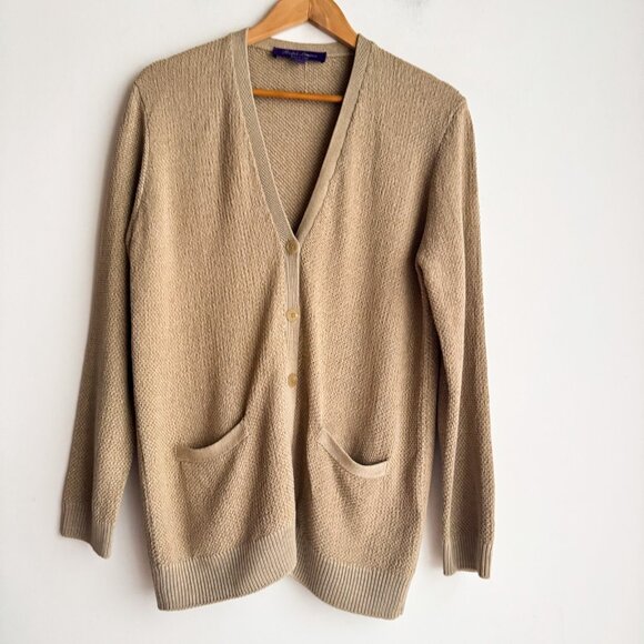 Ralph LAuren Purple Label Silk Blend Camel Beige Cardigan M - Picture 2 of 6